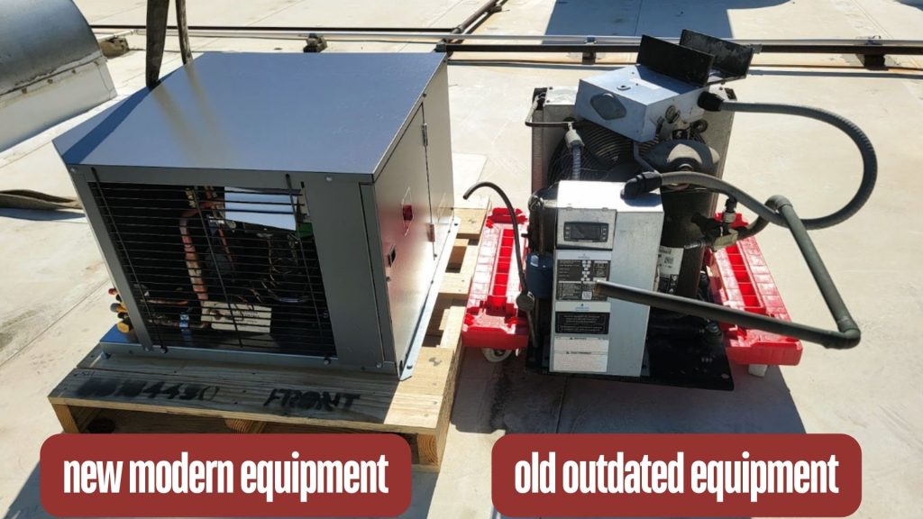 old outdated equipment to the right vs new modern equipment to the left